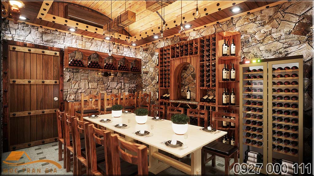 Thiết kế hầm rượu với đá và gỗ